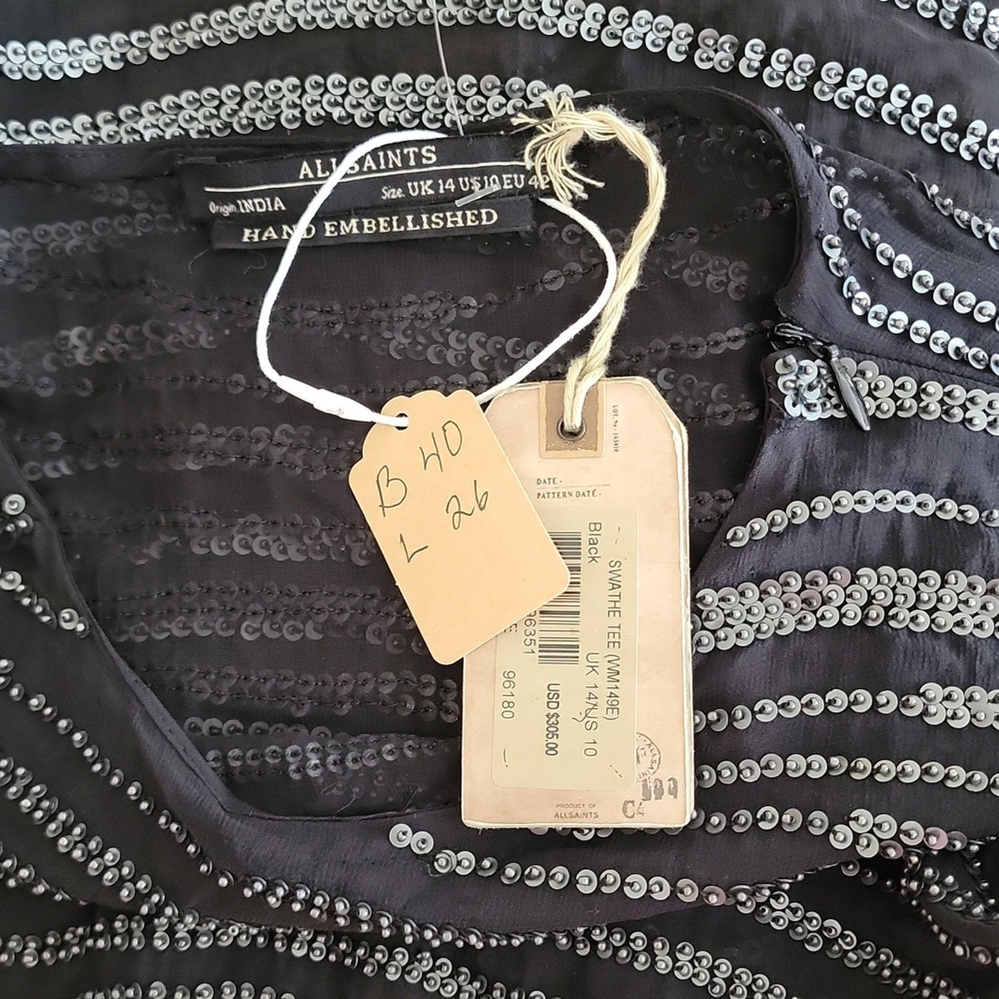 NWT Allsaints Black Swathe Top Hand Embellished Size 10